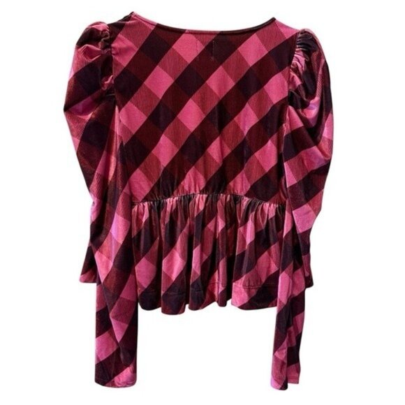 ANTHROPOLOGIE Maeve Velvet Babydoll V-Neck Top Pink Multi Gingham Size XL NEW - Picture 3 of 7